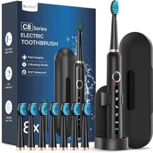 Coulax Pro Spazzolino Elettrico Spazzolini Elettrici - Coulax Sonico Spazzolino da Denti Elettrico Spazzolino da Viaggio Ricaricabile Denti Ricaricabile con 8 Testine, Custodia, 5 Modalità, Nero Scuro