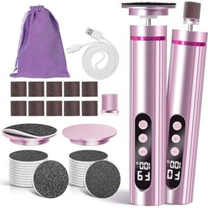 Arofaue Rimozione dei calli elettrico 2 in 1, ricaricabile con 20 carta vetrata, set professionale per pedicure e manicure, 9 velocità, indicatore LED (rosa)