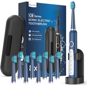 Coulax Pro Spazzolini da denti elettrici sonici per adulti con 8 testine - 5 modalità spazzola elettrica con custodia, IPX7, spazzolini elettrici ad ultrasuoni per famiglie viaggi, blu marino