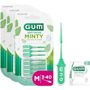 GUM SOFT-PICKS MINTY Scovolini in gomma al fresco sapore di menta | Pulizia dei denti e rimozione della placca | Misura M | Multipack 3x40 (con 1 campione omaggio)