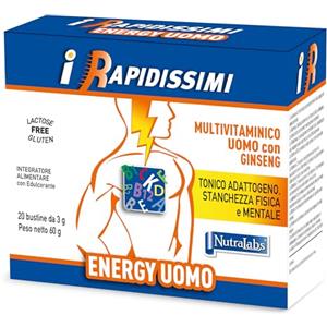 NutraLabs I RAPIDISSIMI ENERGY UOMO - Multivitaminico Tonico Adattogeno con Ginseng. Energia, Memoria e Funzioni Cognitive - 20 Bustine Senza Glutine e Senza Lattosio