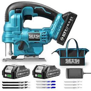 Seesii Seghetto Alternativo a Batteria Seesii 21V, Seghe da traforo Elettrico con 2 Batterie da 2.0 Ah, Velocità Variabile 2800 Giri/Minuto per Taglio Legno, Illuminazione LED, Tagli Obliqui 0°-45°