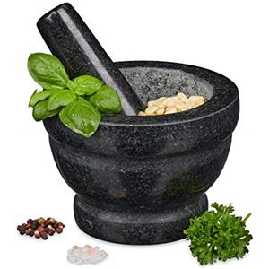Relaxdays, massiccio Mortaio & Pestello in Granito Massicio, Durevole, Basilico, Pinoli, in Pietra Lucida, Ø 14, 400ml, Grigio