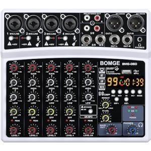 BOMGE - Mixer audio DJ a 6 canali con MP3, USB, Bluetooth, alimentazione phantom da 48 V, 16 effetti DSP Echo - Console audio per live, musica, karaoke, podcast (Bianco)