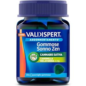 Valdispert Gommose Sonno Zen, 30 Pastiglie Gommose per Dormire con Olio di Semi di Canapa, Melatonina e Camomilla, Gusto Limone e Lime, Senza Glutine e Senza Lattosio