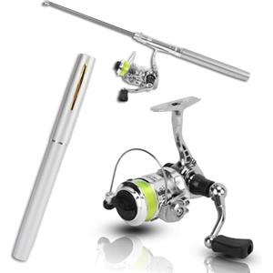 equlup Combinazioni di canna da pesca e mulinello a forma di mini penna, canna da pesca retrattile tascabile a forma di mini penna portatile con ruota per mulinello per la pesca (Argento)