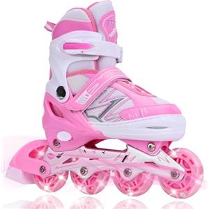 DUZSKJ Pattini in linea regolabili per bambini ragazzi ragazze con ruote di illuminazione, pattini regolabili per bambini per principianti bambini giochi all'aperto (Rosa & Bianco, M)