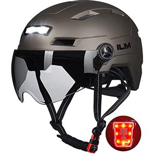 ILM Casco Bici Uomo Donna-Caschi Bici Adulti con LED USB Ricaricabile Luce Anteriore e Posteriore con Rimovibile Visiera-Casco Ciclismo Unisex per Pendolari Scooter Urbano,Titanio,L/XL