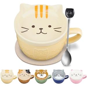 QLFJ-FurDec Simpatiche Tazze in Ceramica per Gatti Con Coperchio, Tazze da Caffè e Tè Set, Animali Colazione Tazza in Porcellana, Tazze di Natale per Amanti Dei Gatti, Ragazzi, Donne, Amici, Ufficio(Giallo)