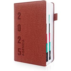 HW CASA Modello di Lino Agenda 2025 Giornaliera,Una Sola Pagina per Un Solo Giorno,Copertina Rigida in Pelle PU,Formato A5,200 Pagine,Etichette Mensili Colorate,Passante per Penna e Elastico (Rosso)
