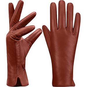 MGGMOKAY Guanti invernali in pelle per donna Guanti da guida in pelle di pecora con touch screen foderati in caldo cashmere,rosso-marrone,XXL