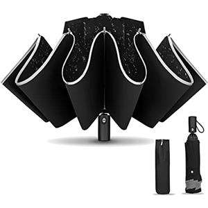 KASTEWILL Ombrello Inverso Automatico Pieghevole, Ombrello Antivento Compatto con Anti-rimbalzo Sicuro e 360° Strisce Riflettenti, Ombrello da Viaggio Portatile per Uomini, Donne e Ragazzi, Nero