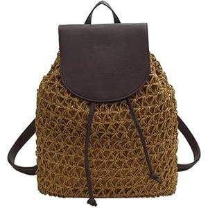 ShopINess Borsa Zaino di Paglia Intrecciata Zaino in Rafia da Donna Borsa Bohemien per Uso Quotidiano Viaggio Spiaggia (Cammello)