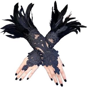 KATELUO Guanti di Pizzo di Piume, 1 Paio Guanti di Pizzo Di Epoca, Guanti di Pizzo Nero, Guanti di Pizzo Senza Dita, Guanti di Pizzo da Donna, Adatti per Feste Cosplay, Carnevali, Feste in Costume
