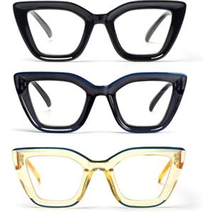 kollyseek 3 Pack Occhiali da lettura Donna Oversize Cat Eye con cerniera a molla Anti Azzurro(1.0, Nero blu giallo)