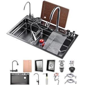 KOOGIMDDR 50 Cm Di Larghezza Nero Grande Cascata Lavello Cucina Acciaio Inox Set, Lavello Multifunzione1 Vasca Con Cascataterraneo Rubinetto, Lavandino Esterno Con Gocciolatoio E Vari Accessor(Black-Grey A,75x5