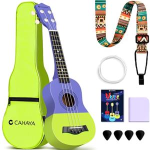 CAHAYA Ukulele Soprano da 21 Pollici: Ukulele in Tiglio con Custodia Portatile, Tracolla Regolabile Spartiti Corde di Ricambio Panno per la Pulizia e 4 Plettri, Adatto per Principianti, Viola e Verde