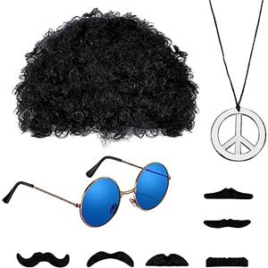 UYUYong Hippie Costume Set Retro Hippie Disguise Uomo Donna 70s 80s Hippie Afro Fashion Parrucca Occhiali da sole Catena della Pace Barba per Moda Party Tema Carnevale