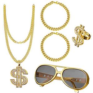 UYUYong Kit di Costumi Hip Hop Anni 80 Occhiali da Sole Catena Dollaro Oro Bracciali Anni 80/90 Accessori Rapper Adatto Dollaro Anelli Accessori Rapper per Festa Halloween Carnevale