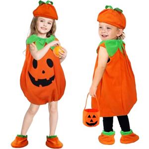XIAQICA Costume Halloween Bambini Set - Vestito Zucca Arancia con Sacchetti Cappello Caramelle per Cosplay Feste (110CM)