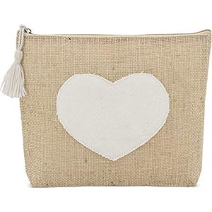 makio Beauty case juta donna con cerniera e nappa. Borsa cosmetica. Beauty case per trucco da viaggio, Crudo - Cuore, Trousse
