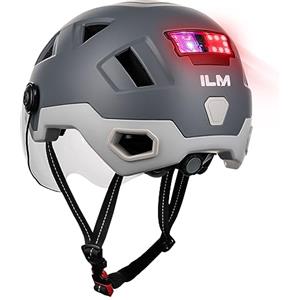 ILM Casco Bici Uomo Donna Omologato NTA8776 CE CPSC con Rimovibile Visiera-Caschi Bici Adulti con Luce Anteriore e Posteriore Avviso di Frenata Intelligente,Grigio,L/XL