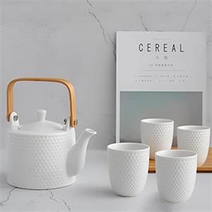 KOPYFANTAP Teiera con Tazze Set,Servizio da Tè in Ceramica in Moderno Giapponese,1 Teiera e 4 Tazze da Tè con Geometrico in Rilievo,900ml,Bianco Brillante