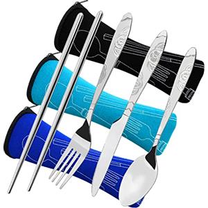 CKANDAY 3 Set Posate da Campeggio,CKANDAY 12 Pezzi Viaggio Coltello Forchetta Cucchiaio Bastoncini Vasellame Argenteria per Campeggio Escursionismo Picnic,Acciaio Inossidabile,Nero/Blu/Azzurro