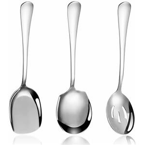QLFJ-FurDec Set di 3 cucchiai da portata grandi, in metallo e acciaio inox, manico lungo, con paletta, forma rotonda, utensili per banchetti, 22 cm