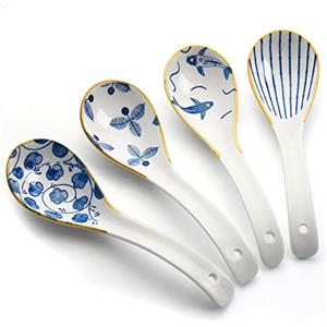 YFWOOD Cucchiai da minestra cinesi, cucchiaini da minestra in ceramica da 15 cm, wonton gnocco miso, set di 4 (modello)
