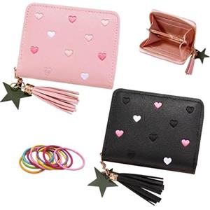 SwirlColor Portafoglio Bambino, 2Pezzi Carino Ricamo Cuore Sottile Piccoli Portafoglio Ragazza con Nappa Cerniera portafoglio Slim Donna Teens Ragazze con Nastri di Gomma Colorati (Rosa+Nero)