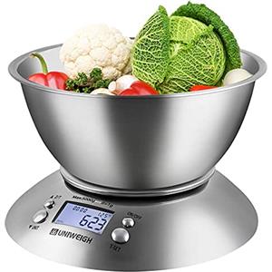 UNIWEIGH Bilancia da cucina a piatti, 11 lb/5 kg per cucinare, cuocere, dieta, perdita di peso, con ciotola rimovibile, volume di 2,15 L, temperatura ambiente, timer, LCD, TARA, acciaio inossidabile