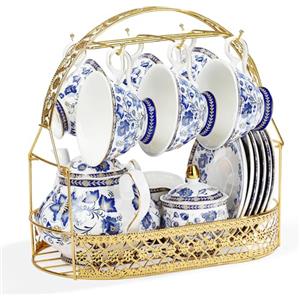 fanquare Servizio da Tè in Porcellana Fleur Bleue con Supporto in Metallo, Tazza e Piattino da Caffè in Porcellana Vintage, Servizio da Caffè Inglese per Adulti