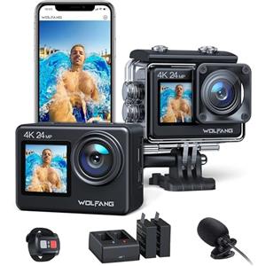 WOLFANG Dual Color Screen Action Cam GA200 4K 24MP WiFi Fotocamera 40M Impermeabile Subacquea Videocamera Casco Anti-Shock con Telecomando 2.4G, Caricabatterie, Batterie 2x1050mAh e Accessori