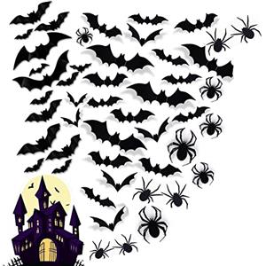UBRAVE Adesivi per pipistrelli 3D per Halloween, 124 Pezzi 11 Diverse Dimensioni Pipistrello Spiders Parete Decorazioni, Halloween Eve Decor Set per la Decorazionedella Parete Finestra Domestica - Nero