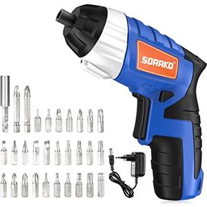 SORAKO Avvitatore Elettrico 6Nm Cacciavite Elettrico 3.6V con 30 Accessori, con Luce LED, 2 Direzioni di Rotazione, Indicatore Batteria e Caricabatterie, per Fai da Te, Blu+Nero+Arancione,1/4