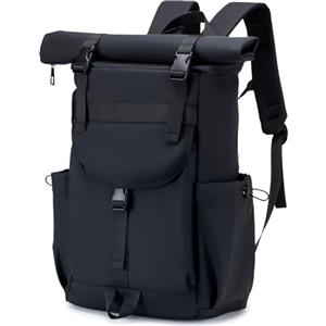 BAGZY Zaino Rolltop Uomo Donna Porta PC 17 Pollici, Zaino Porta PC Impermeabile Zaino da Viaggio Espandibile Elegante Casual Backpack per la Scuola, per Università, Lavoro，Noir