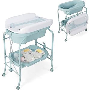LIFEZEAL Vaschetta Bagnetto Neonato, 0-12 Mesi, con Fasciatoio, Vaschetta Bagnetto Neonato Pieghevole, con Materassino Fasciatoio, Ripiano Portaoggetti e Ruote, Portata 35 kg (blu)