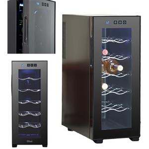 Zilan Frigorifero per vino, autoportante, silenzioso, 12 bottiglie, 33 litri, illuminazione a LED, piccolo frigorifero con porta in vetro