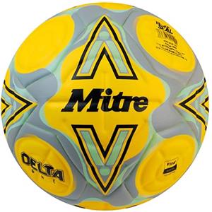 Mitre Delta Pallone da calcio, resistente, ottima precisione e consistenza, giallo fluo/nero/grigio circular, 4