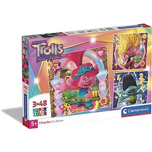 Clementoni - 25292 - Supercolor Puzzle - Trolls 3-3X48 Pezzi (Include 3 Puzzle Da 48 Pezzi) - Puzzle Bambini 4 Anni, Puzzle Cartoni Animati - Made In Italy