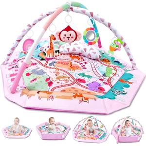 TFDER 8 in 1 Palestrina Neonato Multifunzione, tappeto gioco e vasca palline con lati, Giocattoli Staccabili,Stimola Sviluppo del Neonato con Tante Attività, Antiscivolo più Spesso, 0+ Mesi,Rosa