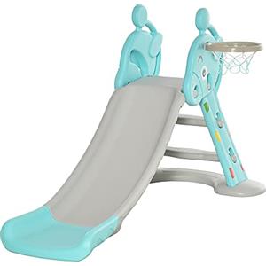 HOMCOM Scivolo per Bambini da 18 Mesi Pieghevole con 3 Scalini e Canestro Basket, Scivolo da Interno ed Esterno, 147x82x85.5 cm, Blu e Grigio