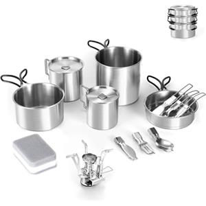 Odoland Set da 13 pentole e padelle in acciaio inox da campeggio, con tazze e fornelli in acciaio inox, per campeggio, escursioni, cucina all'aperto e picnic