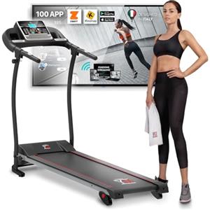 YM TAP100APP Tapis Roulant Elettrico Pieghevole, Marchio di Qualità ITALIANO, 11 km/h App KINOMAP & ZWIFT Video/Coach, Sensore Cardio Inclinazione Regolabile, 12 Programmi, 750W (1800W - 2,5HP Picco)