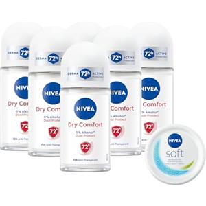 NIVEA Deodorante Roll On Dry Comfort 6 x 50 ml e Soft Mini crema corpo, viso e mani 25 g in omaggio, Cofanetto con deodorante donna e uomo e crema multiuso idratante - Kit Esclusiva Amazon