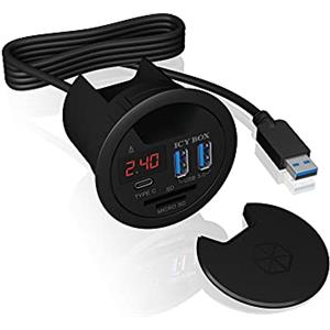 ICY BOX hub da Tavolo USB per Installazione, 60 mm, hub USB 3, USB-C, Funzione di Ricarica, Lettore di schede, Display con Alimentatore (60124)
