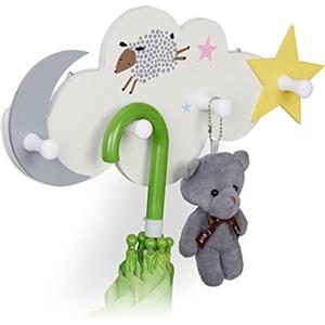 Relaxdays Attaccapanni da Muro per Bambini, 4 Ganci Appendiabiti, Design Cielo Notturno, HLP 16,5x34,5x5 cm, MDF, Bianco