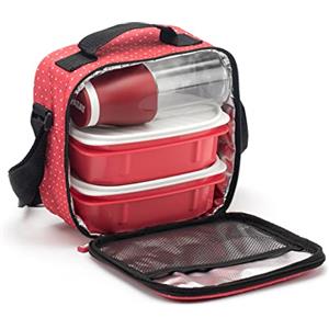 TATAY Borsa Termica Porta Pranzo, 3L Capacità, con 2 Contenitori Alimentari (2x 0,5L) e una Bottiglia Ermetica da 400ml, Senza BPA, Colore Rosso con puntini. Misure: 22.5 x 10 x 22 cm