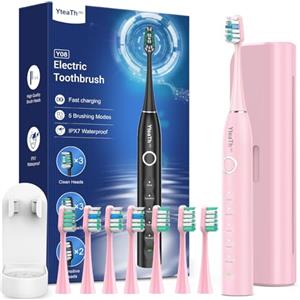 YTEATH PRO Spazzolino Elettrico Sonico per Bambini Adulti con 8 Testine - Spazzolino Denti Sonico Bambini con Custodia da Viaggio, 5 Modalità, Spazzolino Elettrico Bambini 6-12 Anni, Rosa Ciliegia